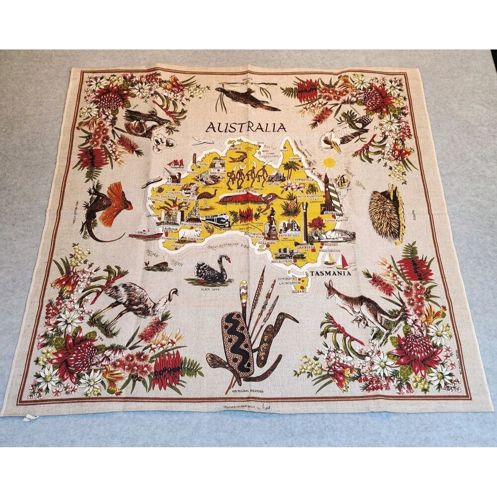 Large Vintage Australia Linen Map Aboriginal By Heil 36" x 34" Made in Poland